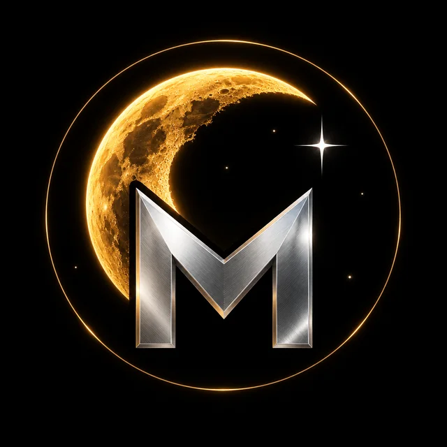 The Moonshift Studio emblem: a chrome M in front of a gold crescent moon